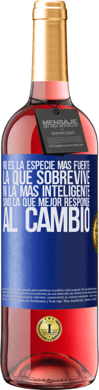 29,95 € Envío gratis | Vino Rosado Edición ROSÉ No es la especie más fuerte la que sobrevive, ni la más inteligente, sino la que mejor responde al cambio Etiqueta Azul. Etiqueta personalizable Vino joven Cosecha 2024 Tempranillo