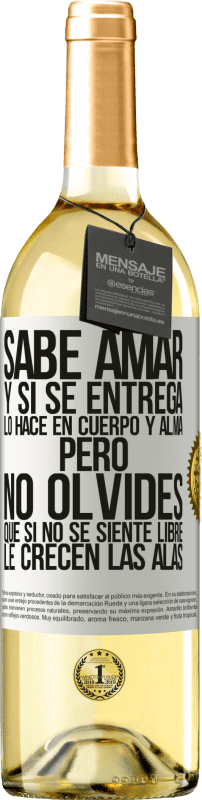 29,95 € Envío gratis | Vino Blanco Edición WHITE Sabe amar, y si se entrega, lo hace en cuerpo y alma. Pero, no olvides, que si no se siente libre, le crecen las alas Etiqueta Blanca. Etiqueta personalizable Vino joven Cosecha 2024 Verdejo