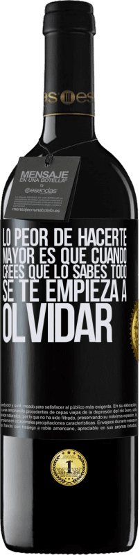 39,95 € Envío gratis | Vino Tinto Edición RED MBE Reserva Lo peor de hacerte mayor es que cuando crees que lo sabes todo, se te empieza a olvidar Etiqueta Negra. Etiqueta personalizable Reserva 12 Meses Cosecha 2015 Tempranillo