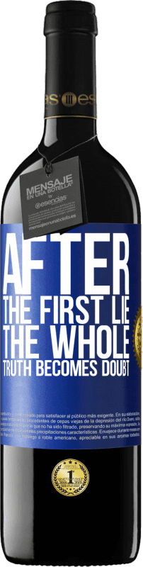 39,95 € Free Shipping | Red Wine RED Edition MBE Reserve After the first lie, the whole truth becomes doubt Blue Label. Customizable label Reserve 12 Months Harvest 2015 Tempranillo