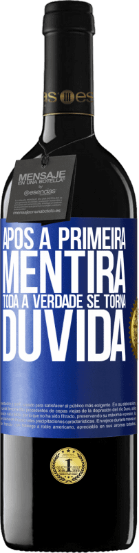 39,95 € Envio grátis | Vinho tinto Edição RED MBE Reserva Após a primeira mentira, toda a verdade se torna dúvida Etiqueta Azul. Etiqueta personalizável Reserva 12 Meses Colheita 2015 Tempranillo