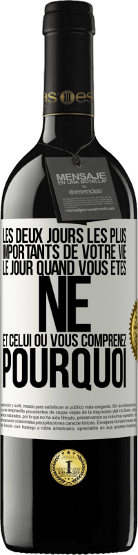 39,95 € Envoi gratuit | Vin rouge Édition RED MBE Réserve Les deux jours les plus importants de votre vie: le jour quand vous êtes né et celui où vous comprenez pourquoi Étiquette Blanche. Étiquette personnalisable Réserve 12 Mois Récolte 2015 Tempranillo