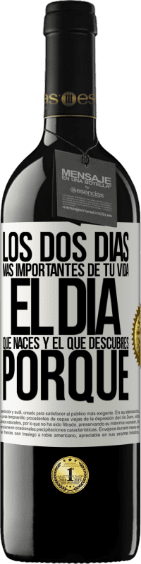 39,95 € Envío gratis | Vino Tinto Edición RED MBE Reserva Los dos días más importantes de tu vida: El día que naces y el que descubres porqué Etiqueta Blanca. Etiqueta personalizable Reserva 12 Meses Cosecha 2015 Tempranillo