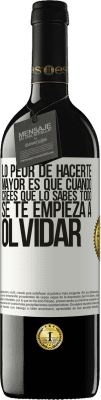 39,95 € Envío gratis | Vino Tinto Edición RED MBE Reserva Lo peor de hacerte mayor es que cuando crees que lo sabes todo, se te empieza a olvidar Etiqueta Blanca. Etiqueta personalizable Reserva 12 Meses Cosecha 2015 Tempranillo