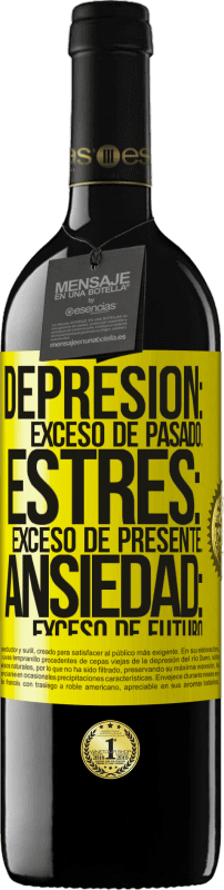 39,95 € Envío gratis | Vino Tinto Edición RED MBE Reserva Depresión: exceso de pasado. Estrés: exceso de presente. Ansiedad: exceso de futuro Etiqueta Amarilla. Etiqueta personalizable Reserva 12 Meses Cosecha 2015 Tempranillo