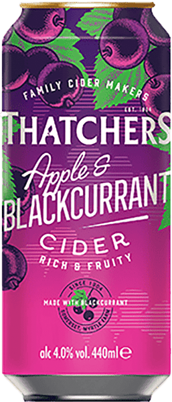 82,95 € Spedizione Gratuita | Scatola da 24 unità Sidro Thatchers Regno Unito Lattina Medium 50 cl Blackcurrant — Ribes Nero, Apple — Mela