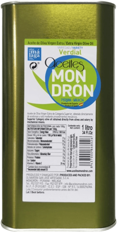 23,95 € Free Shipping | Olive Oil Mondrón EVOO Extra Virgin Málaga Spain Verdial Medium Can 1 L