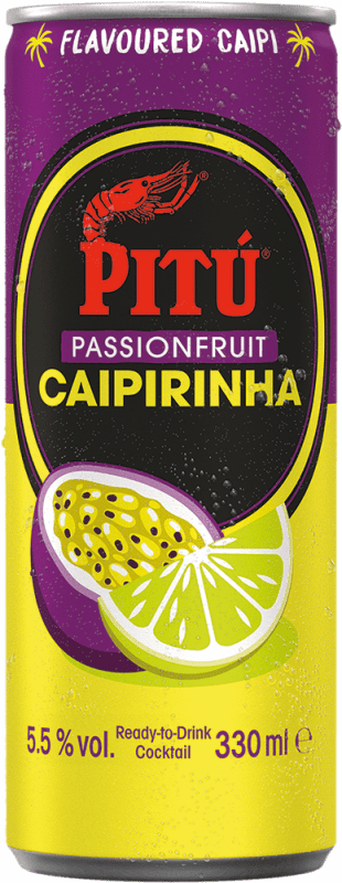 39,95 € Envio grátis | Caixa de 12 unidades Cachaça Pitú Brasil Lata 33 cl Caipirinha, Passion Fruit — Maracujá
