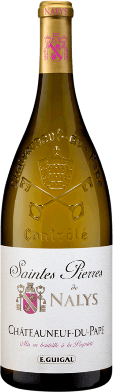 51,95 € Envío gratis | Vino blanco Château de Nalys Saintes Pierres Blanc A.O.C. Châteauneuf-du-Pape Rhône Francia Garnacha Blanca, Roussanne, Bourboulenc, Clairette Blanche, Picardan Botella 75 cl
