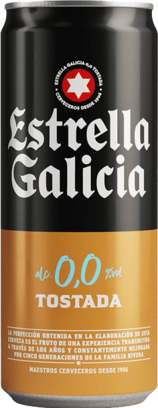39,95 € 免费送货 | 盒装24个 啤酒 Estrella Galicia Lager, Tostada — 琥珀色啤酒 西班牙 罐 33 cl 0.0 零点零 不含酒精