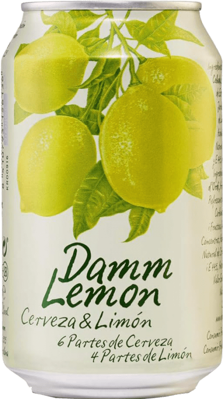 25,95 € Spedizione Gratuita | Scatola da 24 unità Birra Estrella Damm Mediterranean — Mediterranea, Blanche — Bianca Spagna Lattina 33 cl Lemon — Limone