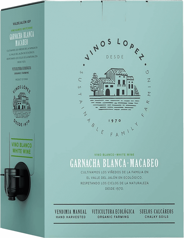 14,95 € 免费送货 | 白葡萄酒 Vinos López Macabeo Garnacha I.G.P. Vino de la Tierra de Valdejalón 阿拉贡 西班牙 Garnacha — 歌海娜, Macabeo — 马卡贝奥 Bag in Box — 盒中袋 3 L