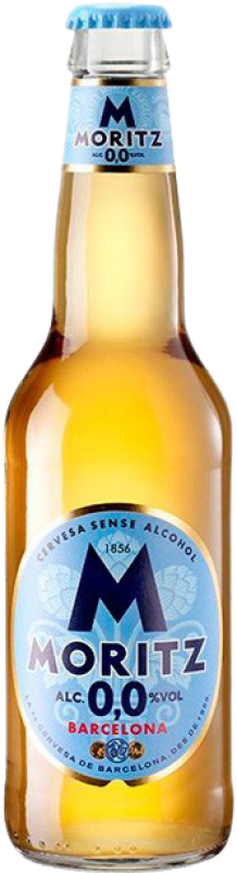 48,95 € Envío gratis | Caja de 24 unidades Cerveza Moritz Cataluña España Botellín Tercio 33 cl 0.0 Cero Cero Sin Alcohol