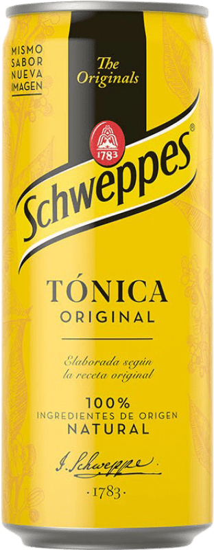 31,95 € Envio grátis | Caixa de 24 unidades Refrigerantes Schweppes Espanha Lata 20 cl Tonic Water — Tónica