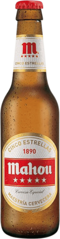 52,95 € Kostenloser Versand | 24 Einheiten Box Bier Mahou 5 Estrellas Vidrio RET Gemeinschaft von Madrid Spanien Drittel-Liter-Flasche 33 cl