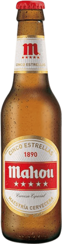 63,95 € 免费送货 | 盒装24个 啤酒 Mahou 5 Estrellas 马德里社区 西班牙 三分之一升瓶 33 cl