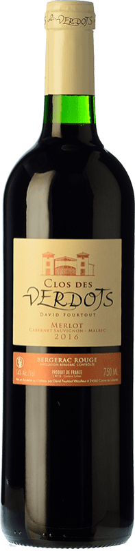 10,95 € 免费送货 | 红酒 Clos des Verdots Rouge 橡木 A.O.C. Bergerac 法国 Merlot, Cabernet Sauvignon, Malbec 瓶子 75 cl