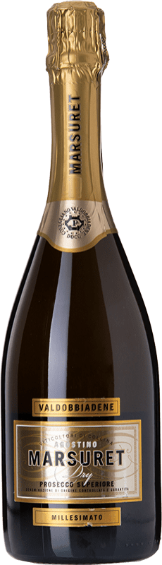 14,95 € 送料無料 | 白スパークリングワイン Marsuret Dry Agostino ドライ D.O.C.G. Prosecco di Conegliano-Valdobbiadene ベネト イタリア Glera, Bianchetta, Verdiso, Perera ボトル 75 cl