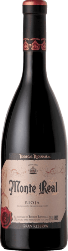 15,95 € 免费送货 | 红葡萄酒 Bodegas Riojanas Monte Real 特级珍藏 D.O.Ca. Rioja 拉里奥哈 西班牙 Tempranillo — 丹魄, Graciano — 格拉西亚诺, Mazuelo — 马苏埃洛 75 cl