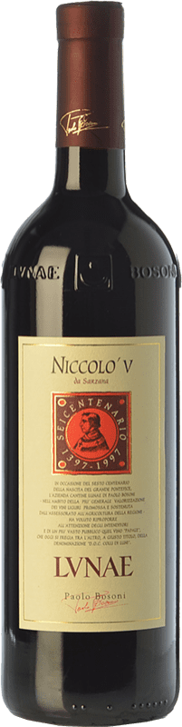 28,95 € Spedizione Gratuita | Vino rosso Lunae Niccolò V D.O.C. Colli di Luni Liguria Italia Merlot, Sangiovese, Pollera Nera Bottiglia 75 cl