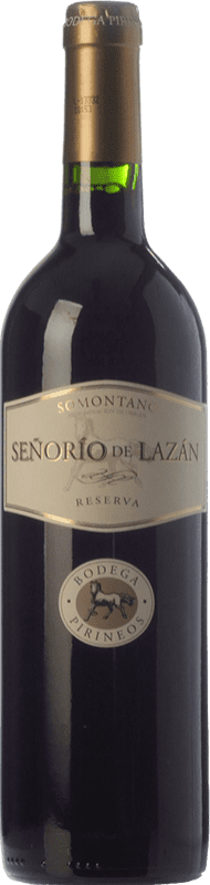 15,95 € Бесплатная доставка | Красное вино Pirineos Señorío de Lazán Резерва D.O. Somontano Арагон Испания Tempranillo — Темпранильо, Cabernet Sauvignon — Каберне Совиньон, Moristel — Мористель Бутылка 75 cl