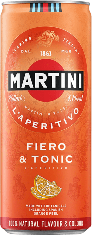 44,95 € Envio grátis | Caixa de 12 unidades Refrescos e Mixers Martini Fiero & Tonic Cocktail Lata 25 cl