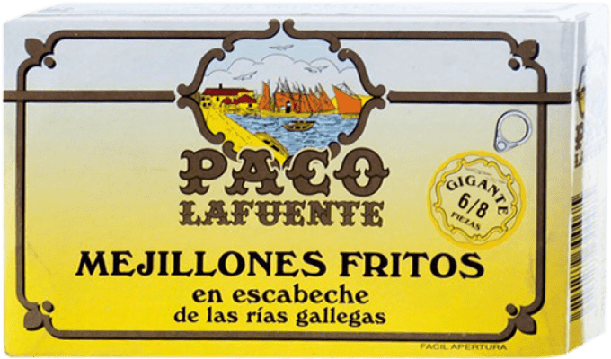 7,95 € Envío gratis | Conservas de Marisco Conservera Gallega Paco Lafuente Mejillones Fritos en Escabeche Gigante Galicia España 6/8 Piezas