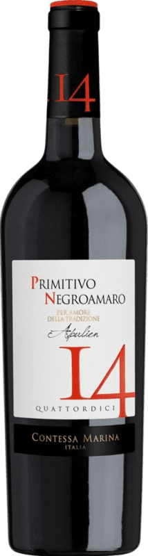 13,95 € 免费送货 | 红葡萄酒 Contessa Marina 14 Primitivo Negroamaro D.O.C. Primitivo di Manduria 普利亚大区 意大利 Primitivo — 普里米蒂沃, Negroamaro — 黑阿玛罗 75 cl